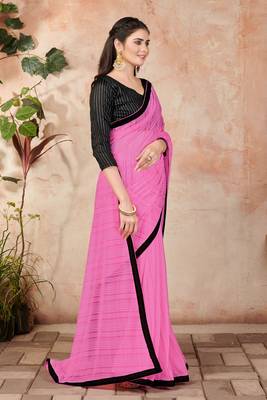 Pink plain lycra saree with blouse 3