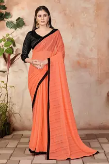 Orange plain lycra saree with blouse