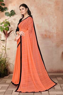 Orange plain lycra saree with blouse 2