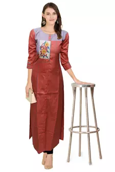 Orange embroidered cotton ethnic-kurtis