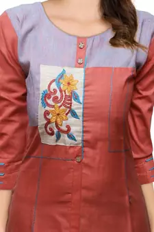 Orange embroidered cotton ethnic-kurtis