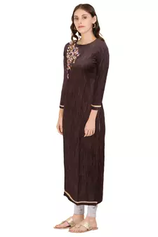 Brown embroidered cotton ethnic-kurtis