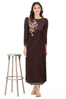 Brown embroidered cotton ethnic-kurtis