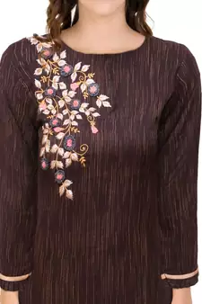Brown embroidered cotton ethnic-kurtis