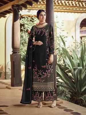 Black faux georgette Embroidered Shtraight suit style plazzo suit  1