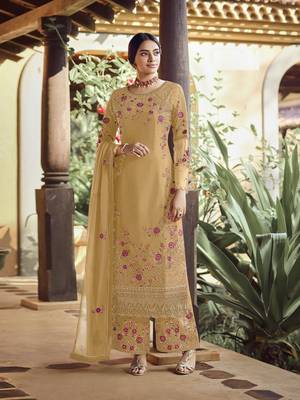 Yellow faux georgette Embroidered Shtraight suit style plazzo suit  1