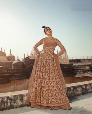 Beige Soft Net Embroidered Platted Anarkali Style Suit 1
