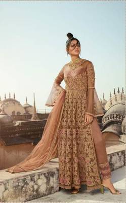 Beige Soft Net Embroidered Platted Anarkali Style Suit 2