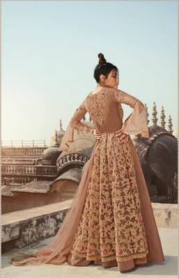 Beige Soft Net Embroidered Platted Anarkali Style Suit 3