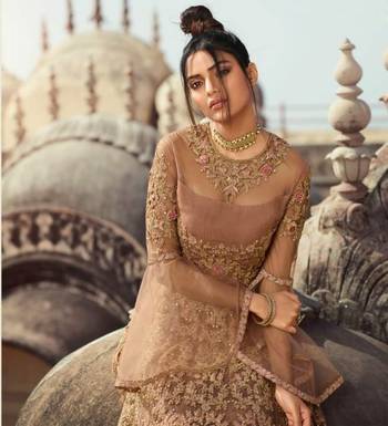 Beige Soft Net Embroidered Platted Anarkali Style Suit 4