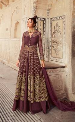 Purple Soft Net Embroidered Platted Anarkali style suit 1