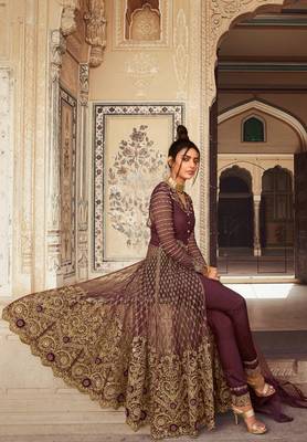 Purple Soft Net Embroidered Platted Anarkali style suit 2