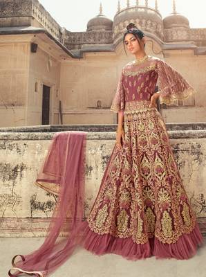 Pink Soft Net Embroidered Platted Anarkali style suit 1