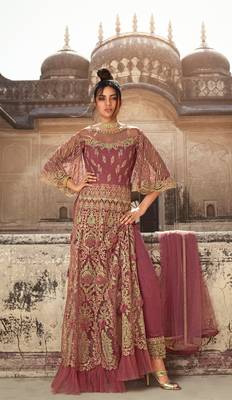 Pink Soft Net Embroidered Platted Anarkali style suit 2