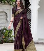 Dark magenta woven semi silk saree with blouse