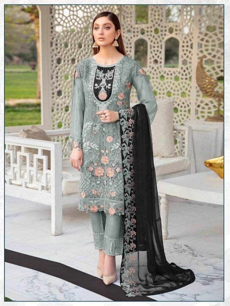 Grey Faux Georgette Embroidered Shtraight style Pant plazzo Suit