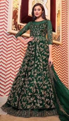 Green Soft net High slit Round kameez Indo wester suit 1