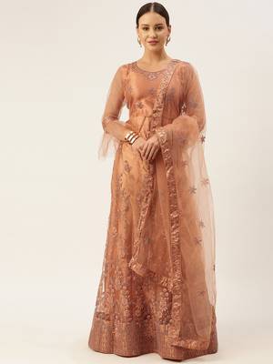 Peach aari net semi stitched lehenga 1