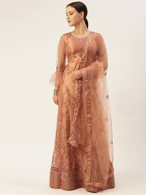 Peach aari net semi stitched lehenga 2