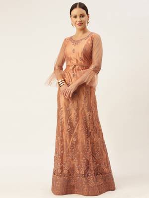 Peach aari net semi stitched lehenga 3