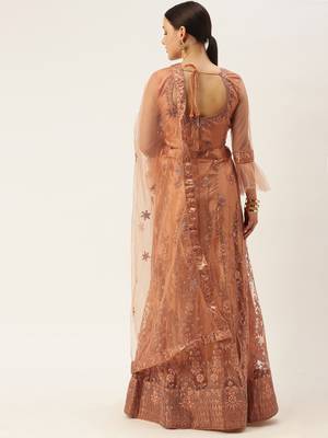 Peach aari net semi stitched lehenga 4