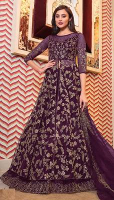 Purple Soft net High slit Round kameez Indo wester suit 1
