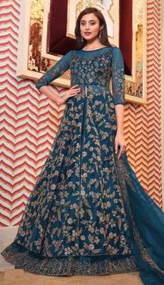 Aqua Blue Soft net High slit Round kameez Indo wester suit 1