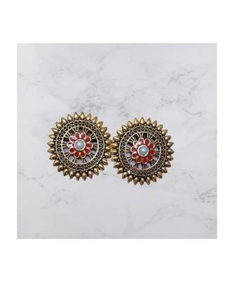 Red studded jewellery antique gold Gold   pair of Earring 1