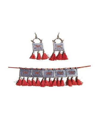 Red silver plated Silver Silver   Necklace::  Pair of Earring 1