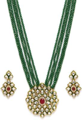 Green kundan Yellow Gold Brass Necklace & Pair of Earring 1