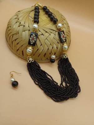 Black pearl Yellow Gold Brass Necklace & Pair of Earring 1