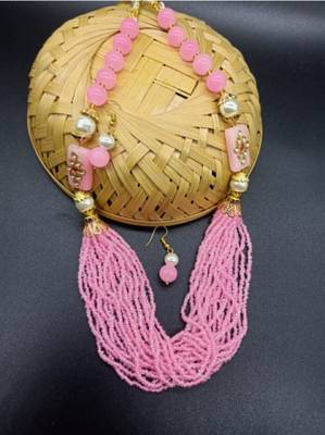 Pink pearl Yellow Gold Brass Necklace & Pair of Earring 1