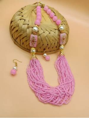 Pink pearl Yellow Gold Brass Necklace & Pair of Earring 2