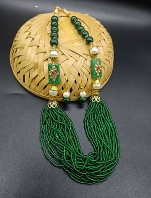 Green pearl Yellow Gold Brass Necklace & Pair of Earring 2