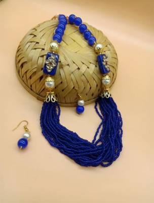 Blue pearl Yellow Gold Brass Necklace & Pair of Earring 2