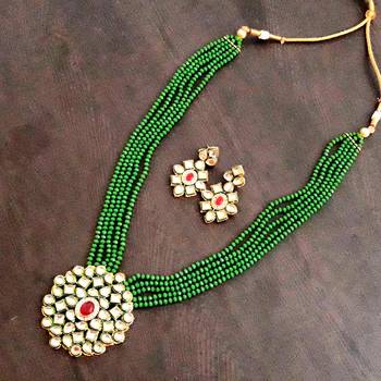 Green kundan Yellow Gold Brass Necklace & Pair of Earring 1