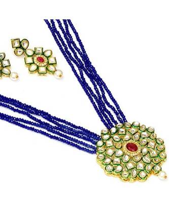Blue kundan Yellow Gold Brass Necklace & Pair of Earring 1