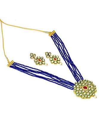 Blue kundan Yellow Gold Brass Necklace & Pair of Earring 2