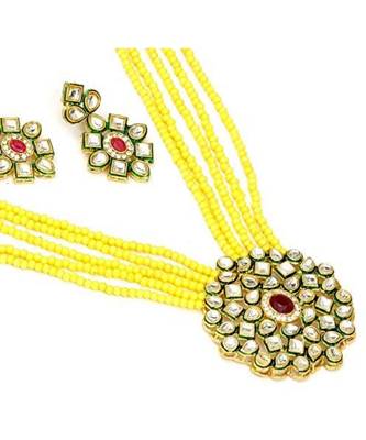 Yellow kundan Yellow Gold Brass Necklace & Pair of Earring 2