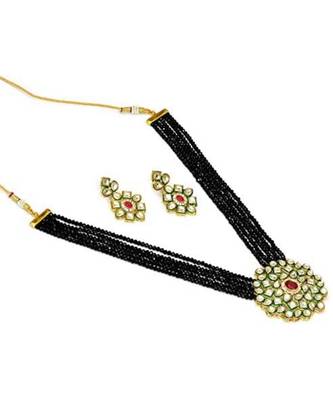 Black kundan Yellow Gold Brass Necklace & Pair of Earring 2