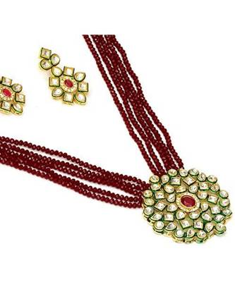 Maroon kundan Yellow Gold Brass Necklace & Pair of Earring 1