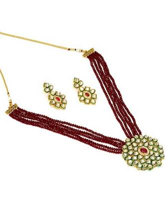 Maroon kundan Yellow Gold Brass Necklace & Pair of Earring 2