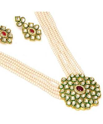 White kundan Yellow Gold Brass Necklace & Pair of Earring 1