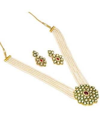 White kundan Yellow Gold Brass Necklace & Pair of Earring 2