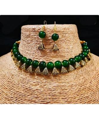 Green pearl Yellow Gold Brass Necklace & Pair of Earring 1