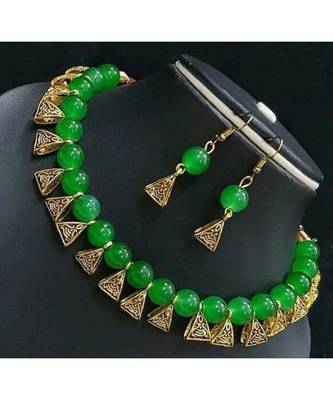 Green pearl Yellow Gold Brass Necklace & Pair of Earring 2