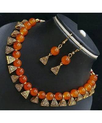 Orange pearl Yellow Gold Brass Necklace & Pair of Earring 2