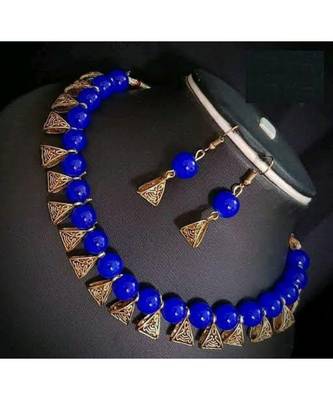 Blue pearl Yellow Gold Brass Necklace & Pair of Earring 1