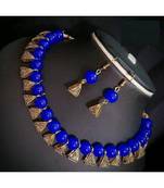 Blue pearl Yellow Gold Brass Necklace & Pair of Earring