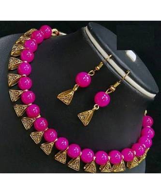 Pink pearl Yellow Gold Brass Necklace & Pair of Earring 1